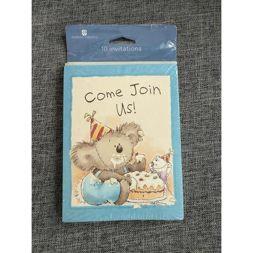 Vintage Birthday Party Invitation Cards 10 Cards Koala Eating Cake Sealed
